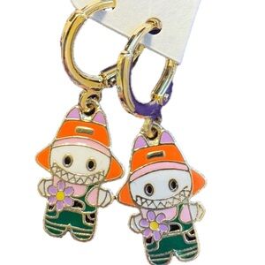 Cute Character Flower Enamel Hoop Earrings - Orange & Green